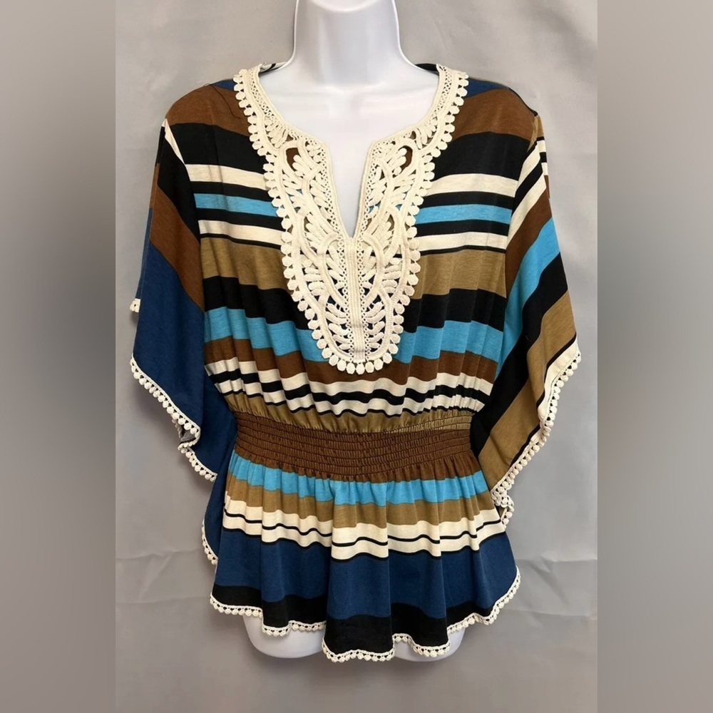 ND New Directions Tunic‎ Top Women’s Size Small Striped Multicolor V- Neck